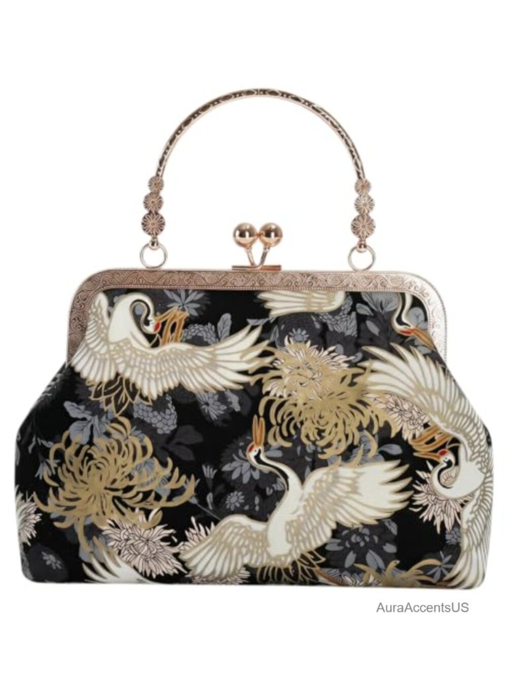 Vintage Embroidered Kiss Lock Evening Clutch with Gold Chain Satchel